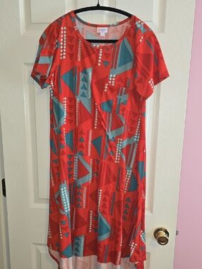LuLaRoe Red Geometric Carly Red Dress with Teal and White Pattern